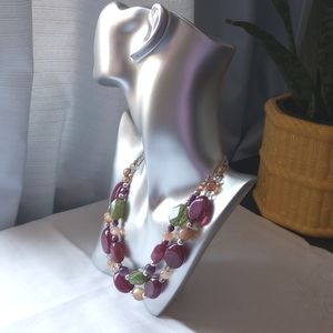 Magenta purple and spring Green beaded double layer silver tone necklace